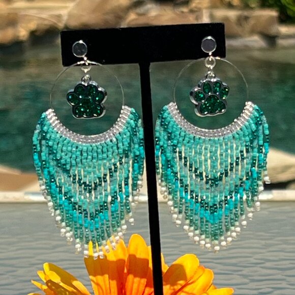 Handmade Beaded Long Fringe Paw Love Dangle Drop Lightweight Post Hoop Earrings - Picture 8 of 10